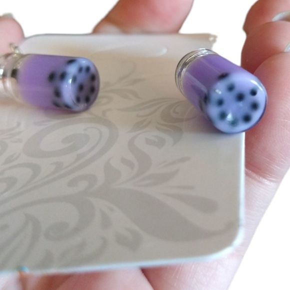 Purple Boba Tea Drink Jar Hypoallergenic Silver Fishhook Earrings Bubble… - Picture 6 of 6